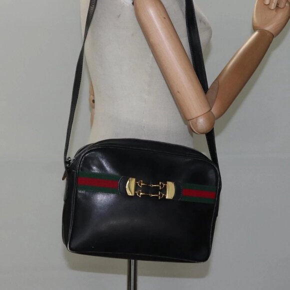 GUCCI Web Sherry Line Shoulder Bag Leather Black Red Green - Picture 15 of 16